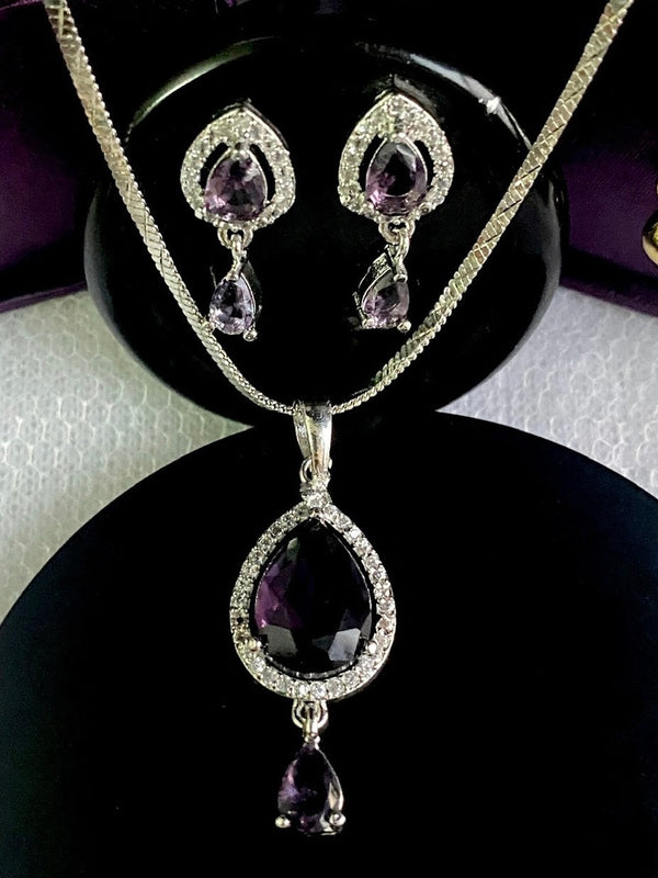 American Diamond Purple Ombre Pendant Chain & Earring Set