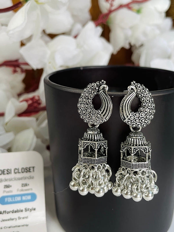 Peacock Jharoka Oxidised Jhumki - Desi Closet