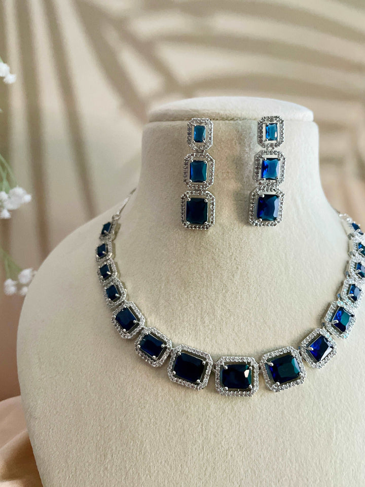 AD Electric Blue Hydro Stone Set with Rectangle CZ Earrings - Desi Closet