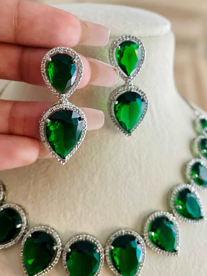 AD Emerald Green Arrow Down Stone Set with Arrow CZ Earrings - Desi Closet