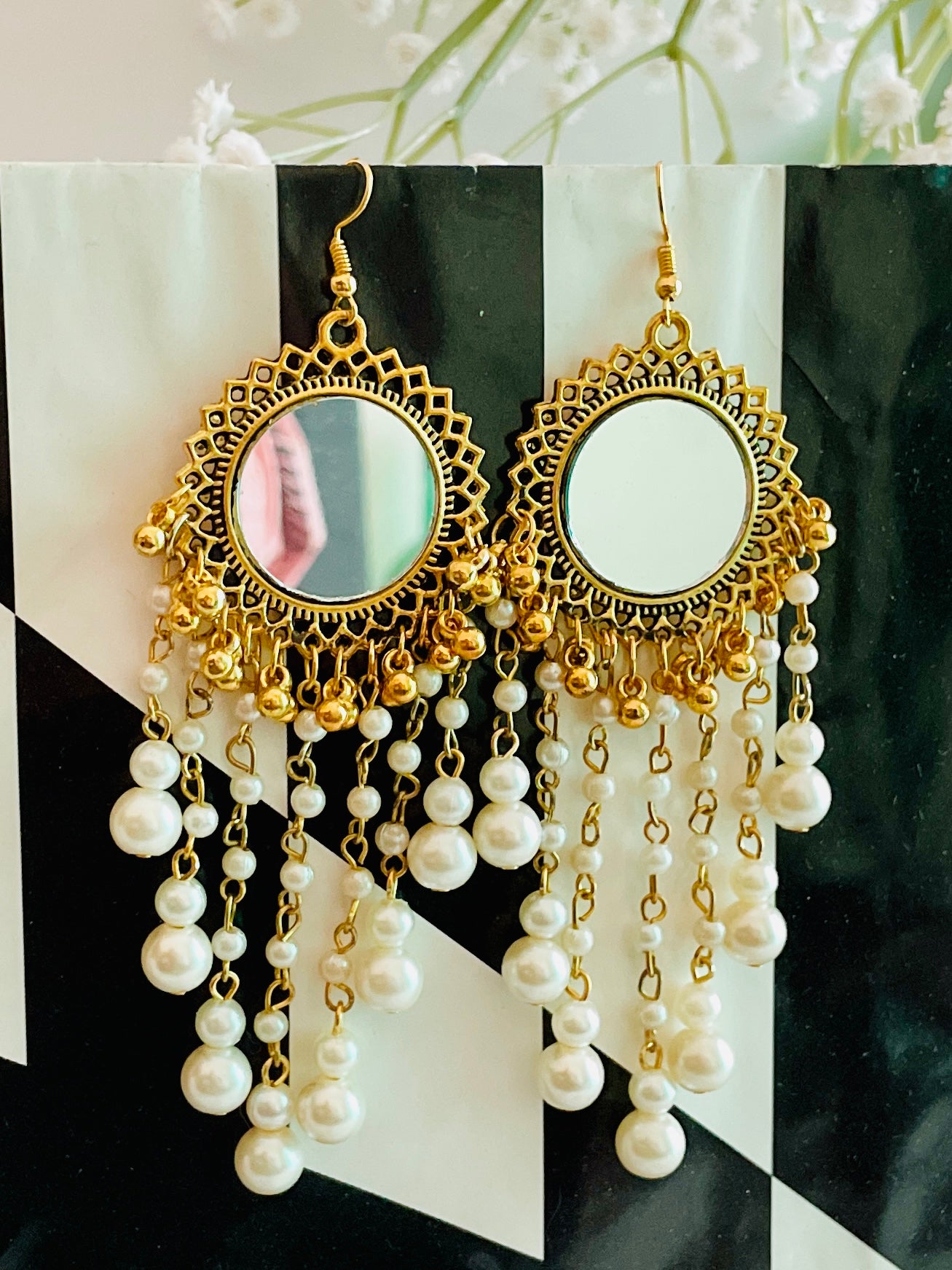 Gold Mirror Moti Danglers - Desi Closet