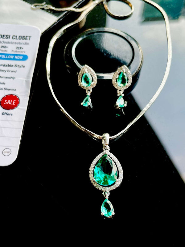 American Diamond Sea Green Pendant Chain & Earring Set - Desi Closet