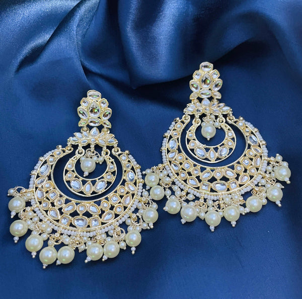 Gold Tone Kundan & Pearl Large Chandbali - Desi Closet