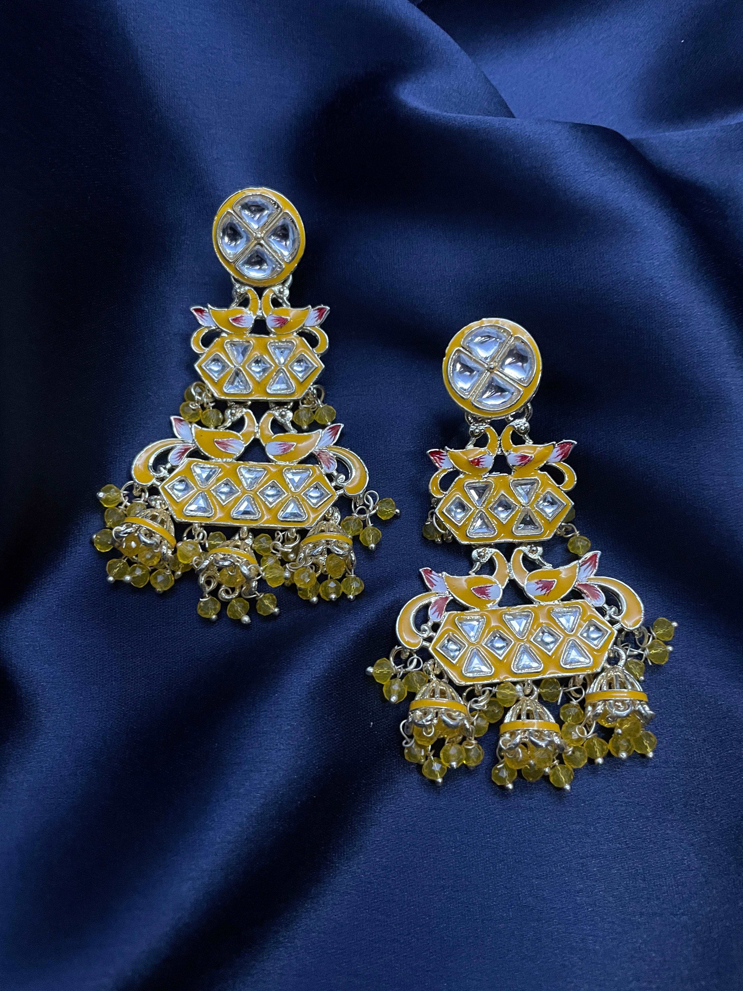 Kundan Chandelier Earrings - Yellow - Desi Closet
