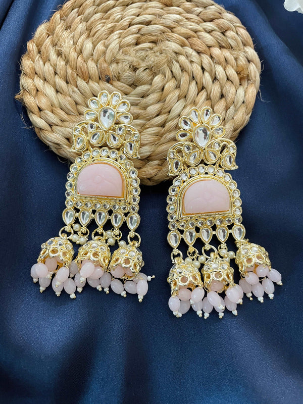 Light Pink Emerald Chandelier Wedding Jhumkis - Desi Closet