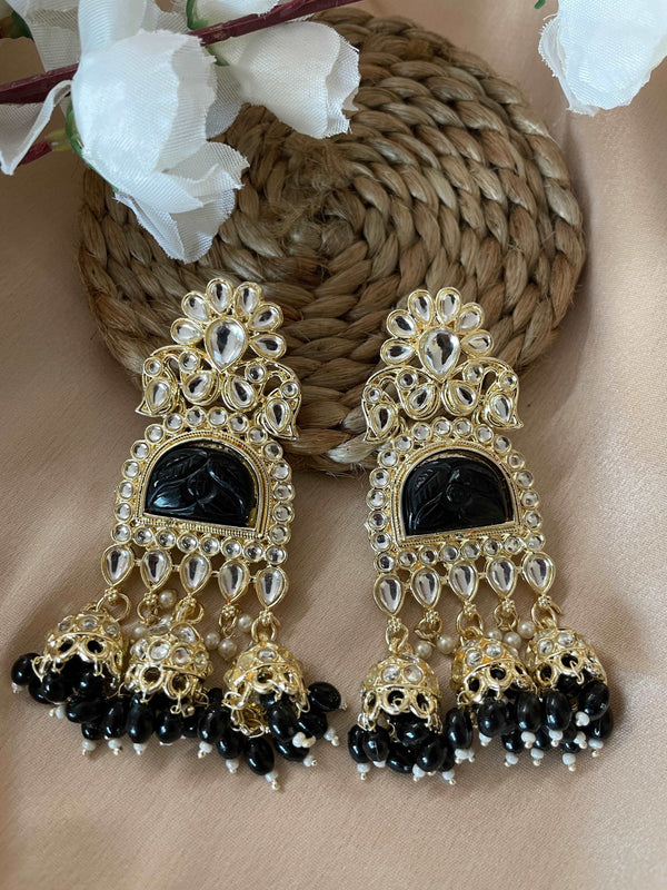 Jet Black Emerald Chandelier Heavy Jhumkis - Desi Closet