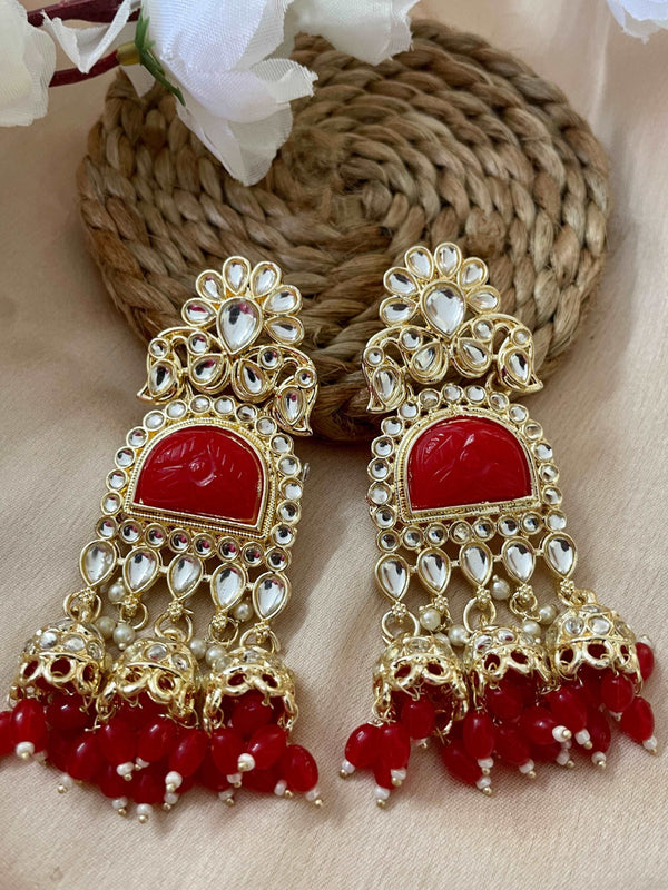 Bloody Red Emerald Chandelier Wedding Jhumkis - Desi Closet