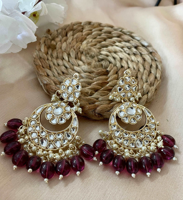 Dangling Wine Beads Kundan Earrings - Desi Closet