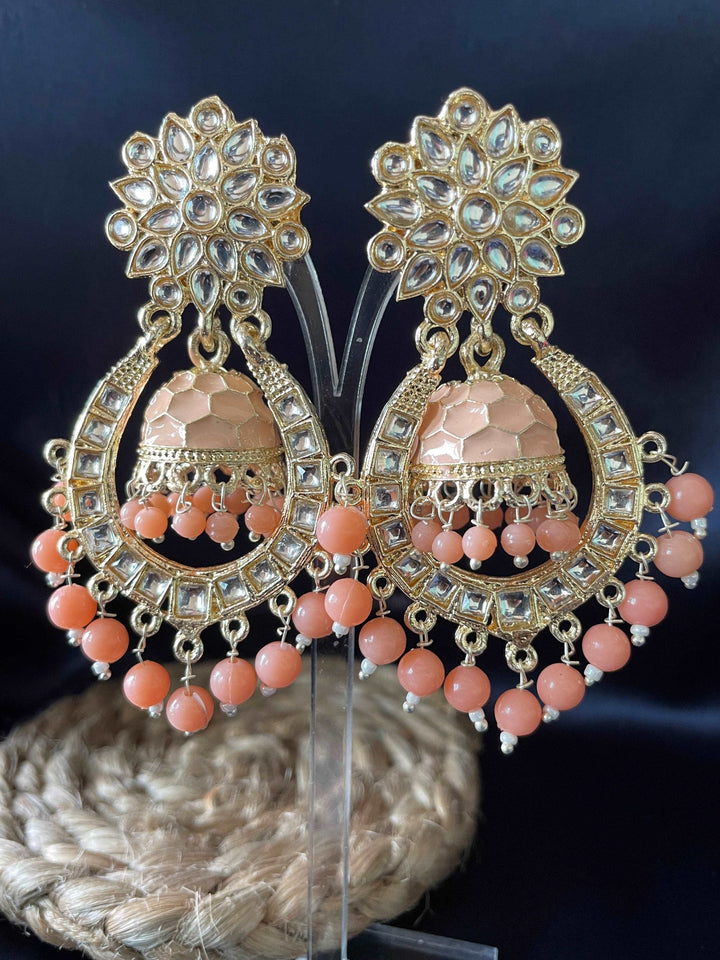 Light Weight Kundan Jhumka Earrings - Peach - Desi Closet