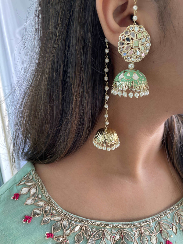 Bling Earrings with Beaded Sahara Extensions Jhumka-Green - Desi Closet
