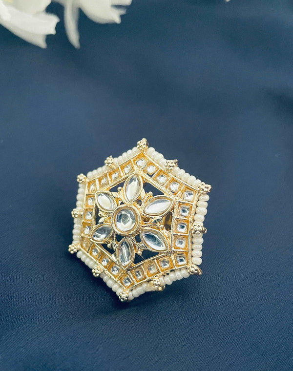 Hexagon Kundan Adjustable Ring - Desi Closet