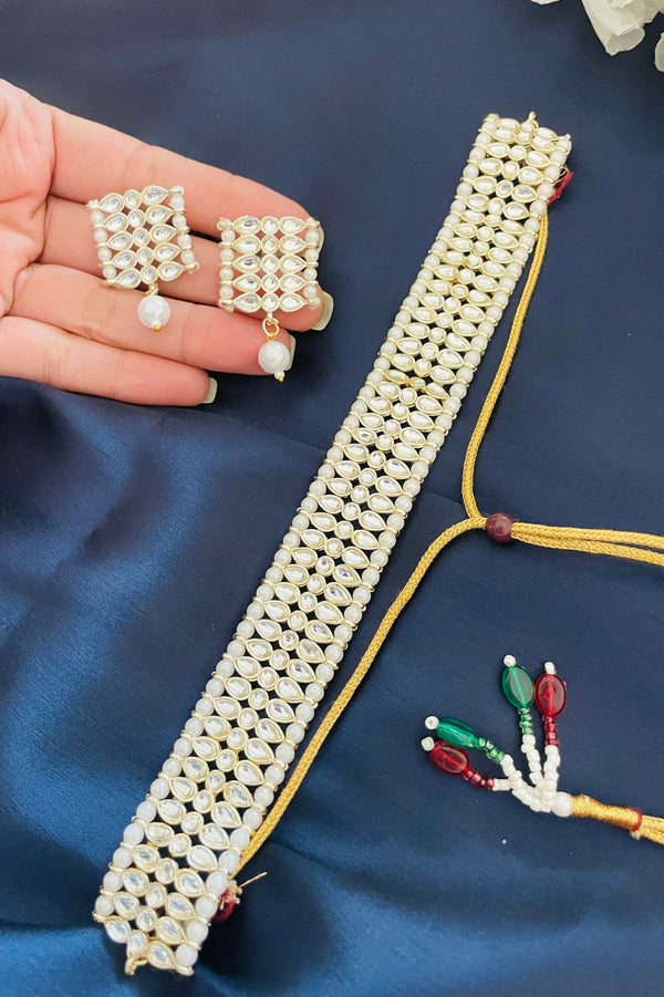 Kundan Flat Choker with Square Studs - Desi Closet