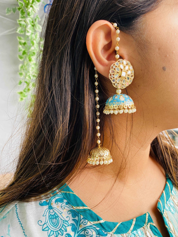 Bling Earrings with Beaded Sahara Extensions Jhumka-Blue - Desi Closet