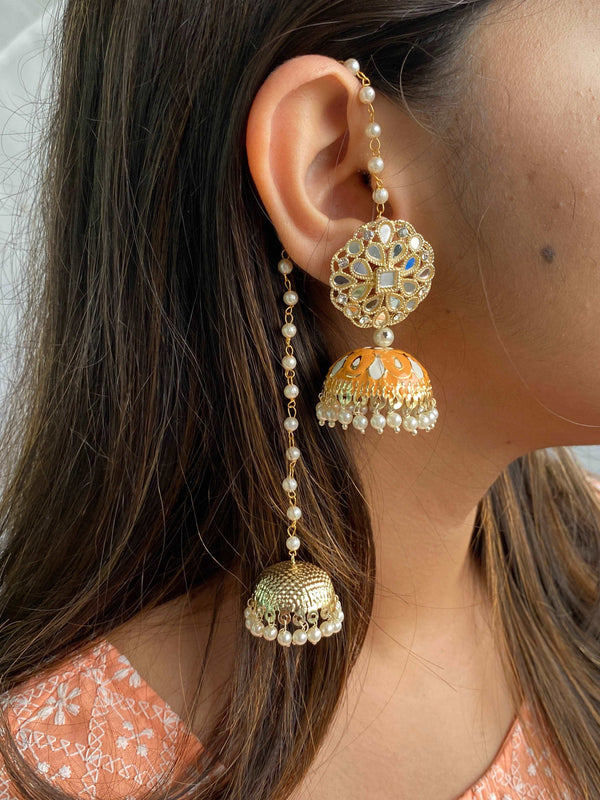 Bling Earrings with Beaded Sahara Extensions Jhumka-Peach - Desi Closet