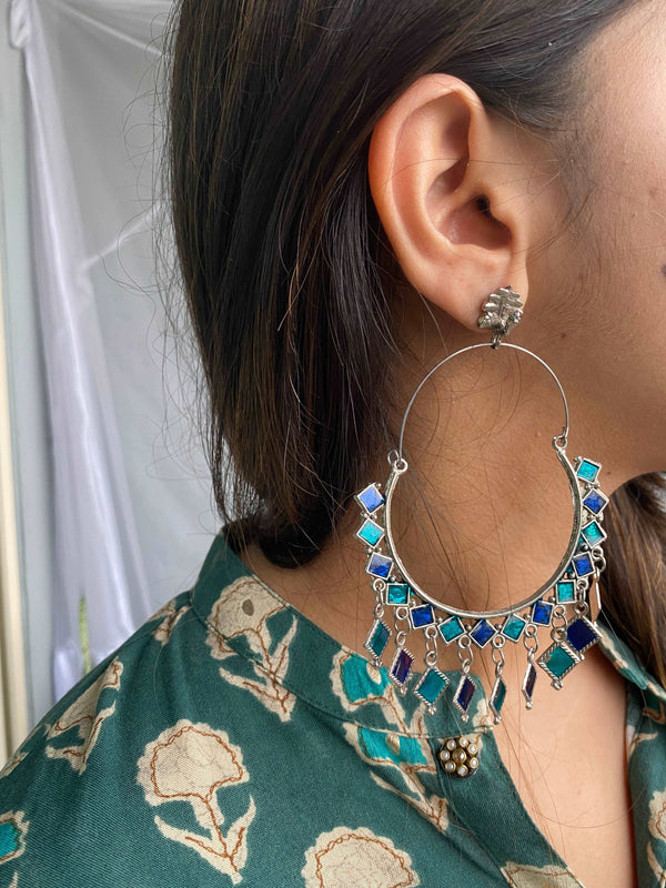 Long Afghani Bluish Chandbali Multicolor - Desi Closet