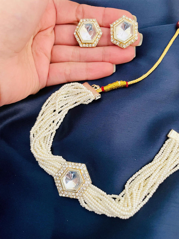American Diamond Hexagon Pearl Choker Set - Desi Closet