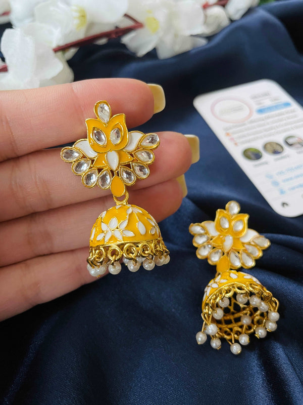 Meenakari Enamel Jhumki - Yellow - Desi Closet