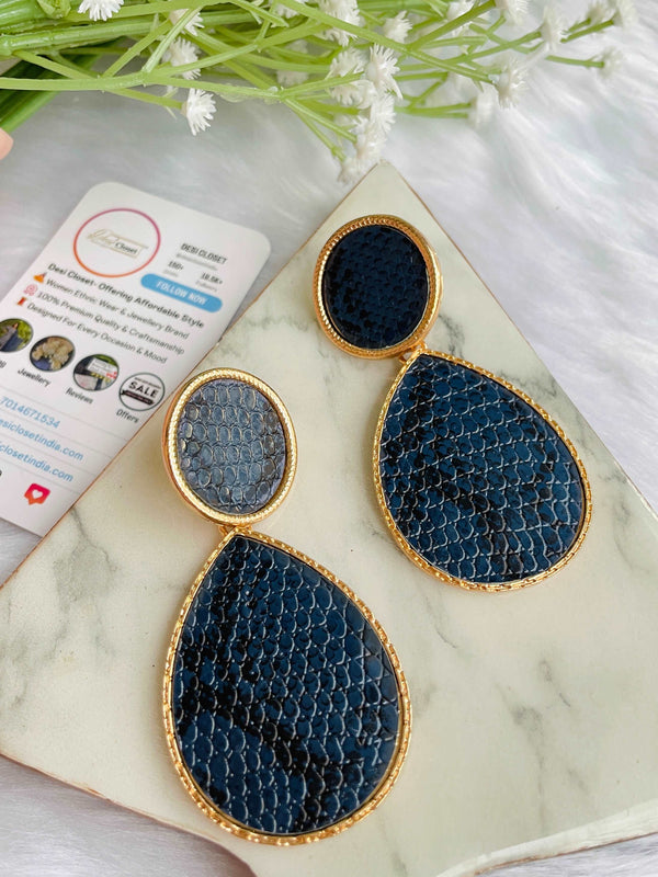 Blue Leather Print Danglers - Desi Closet