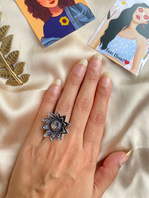 German Silver Oxidised Boho Ring 31 - Desi Closet