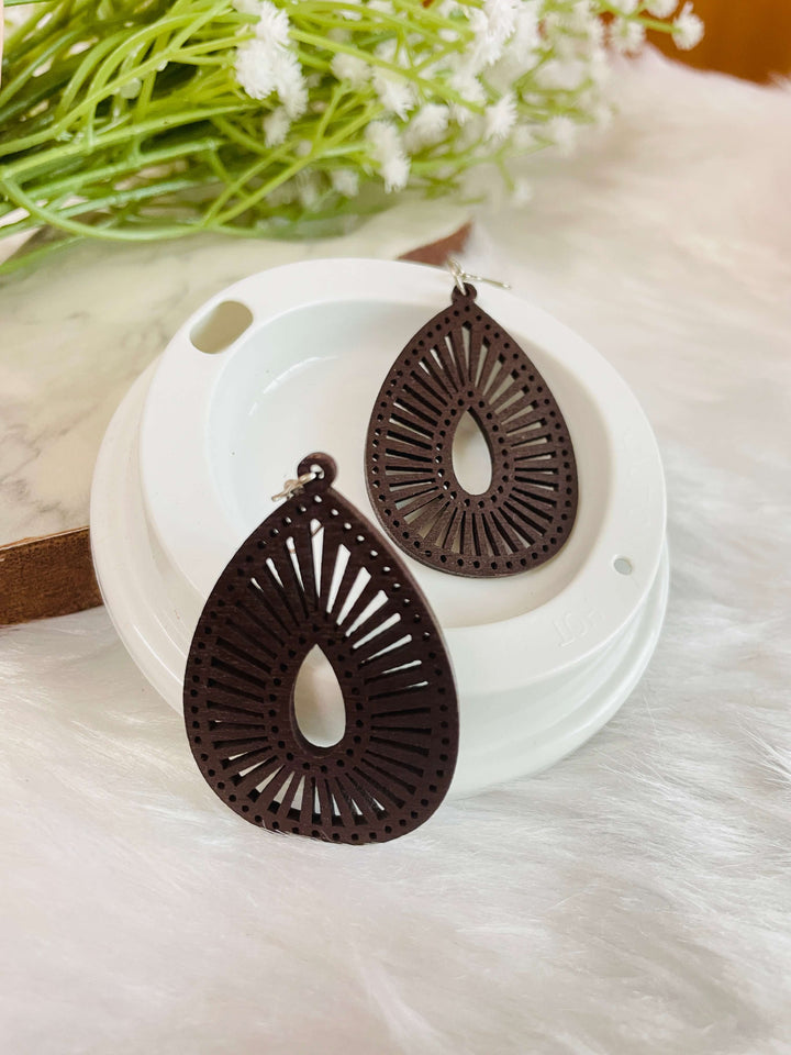 Wooden Drop Shape Earrings - Coffee Dark Brown - Desi Closet