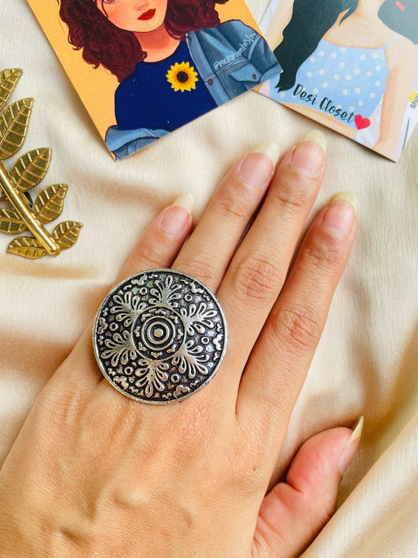 German Silver Oxidised Boho Ring 12 - Desi Closet