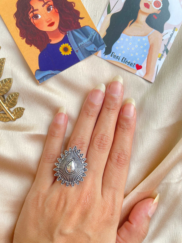 German Silver Oxidised Boho Ring 21 - Desi Closet