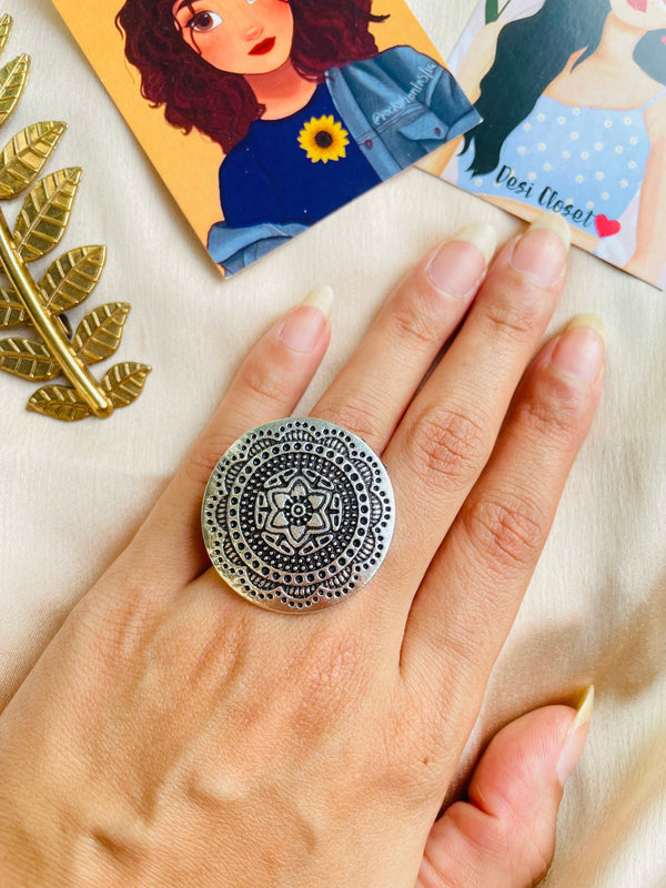 German Silver Oxidised Boho Ring 14 - Desi Closet