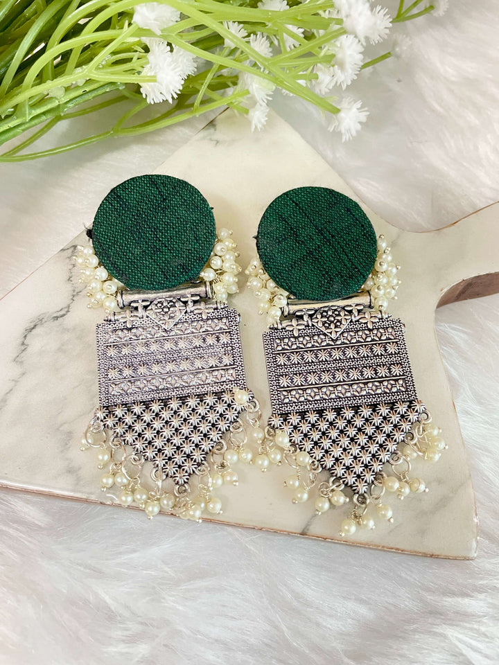 Green Fabric Oxidised Boho Drops - Desi Closet