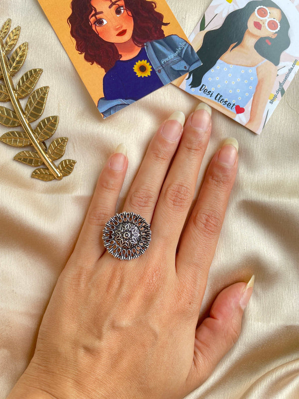 German Silver Oxidised Boho Ring 29 - Desi Closet