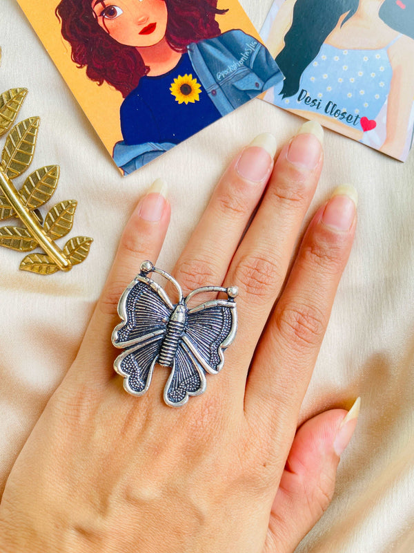 German Silver Oxidised Boho Ring 16 - Desi Closet