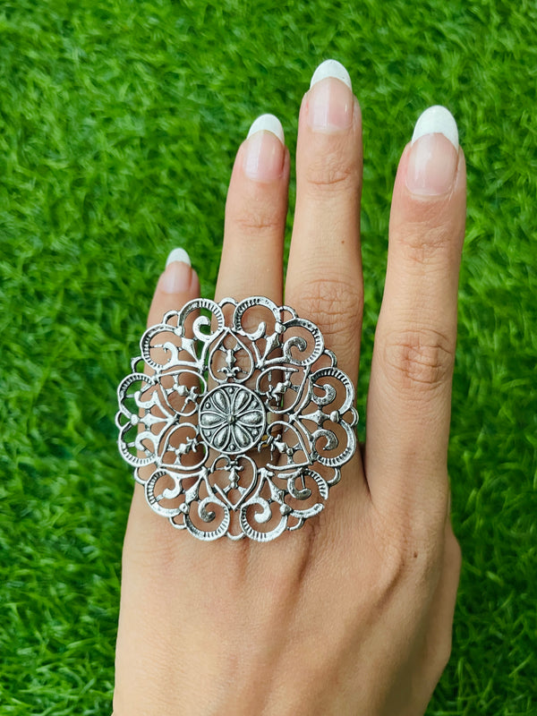 Silver Alloy Floral Ring - Desi Closet