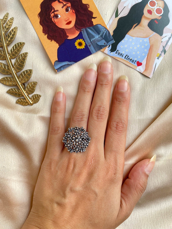 German Silver Oxidised Boho Ring 26 - Desi Closet