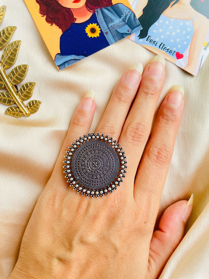 German Silver Oxidised Boho Ring 7 - Desi Closet