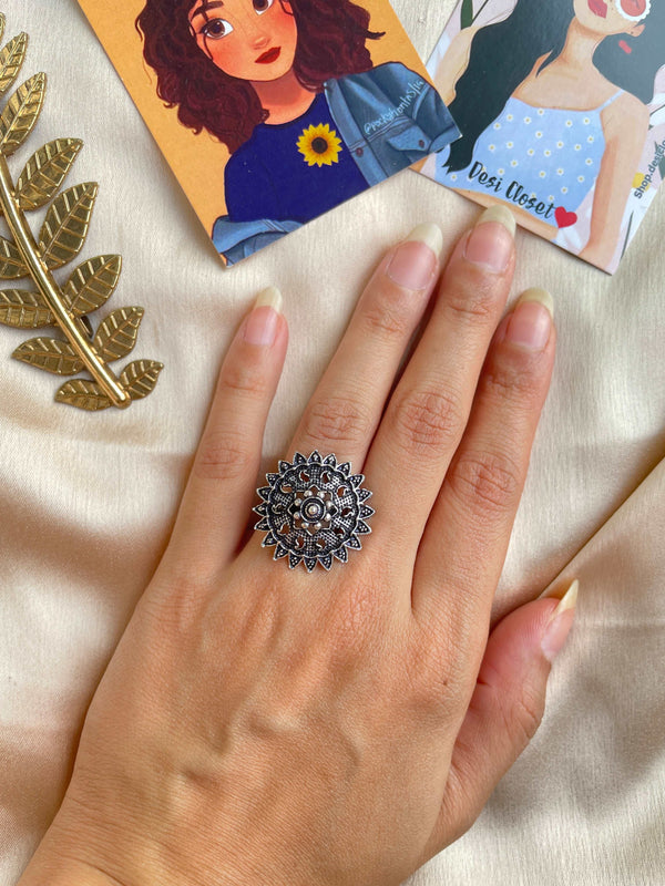 German Silver Oxidised Boho Ring 25 - Desi Closet