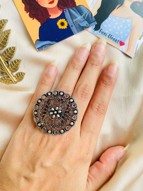 German Silver Oxidised Boho Ring 8 - Desi Closet