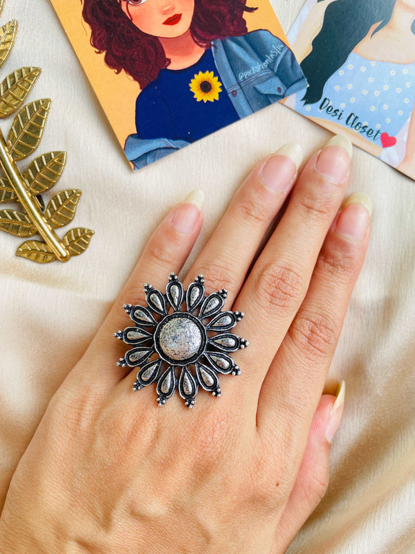 German Silver Oxidised Boho Ring 9 - Desi Closet
