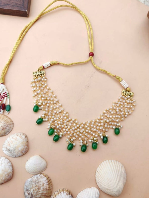 Handcrafted Pearl Necklace Green - Desi Closet