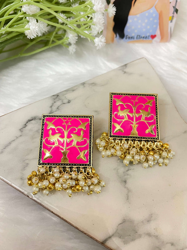 Sundaram Meenakari Studs - Hot Pink - Desi Closet