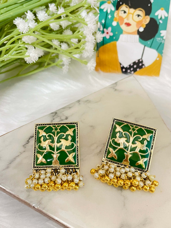 Sundaram Meenakari Studs - Green - Desi Closet