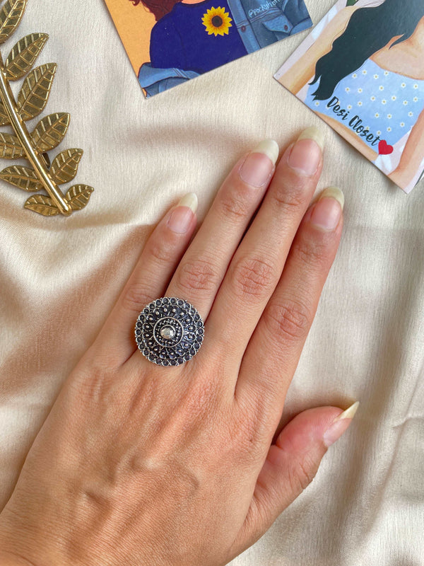 German Silver Oxidised Boho Ring 35 - Desi Closet