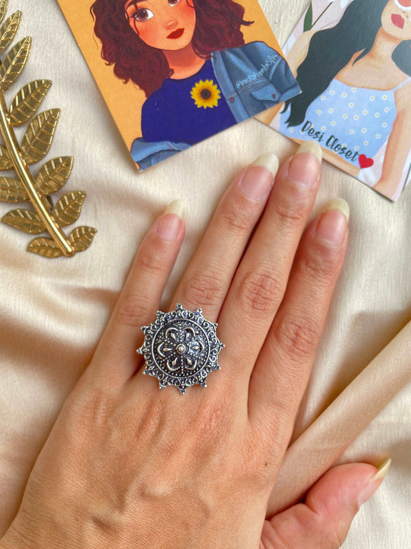 German Silver Oxidised Boho Ring 27 - Desi Closet