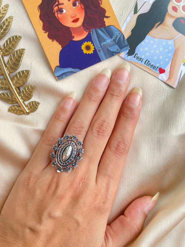 German Silver Oxidised Boho Ring 20 - Desi Closet