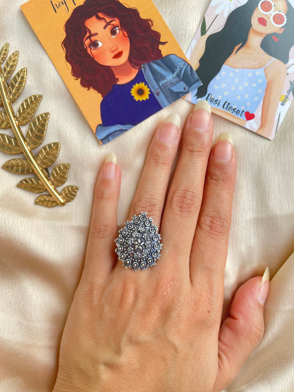 German Silver Oxidised Boho Ring 23 - Desi Closet