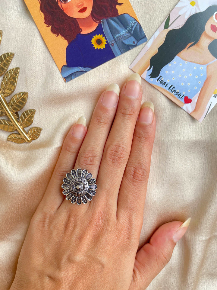 German Silver Oxidised Boho Ring 37 - Desi Closet