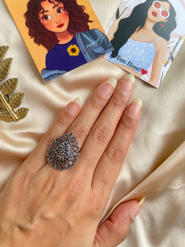 German Silver Oxidised Boho Ring 22 - Desi Closet