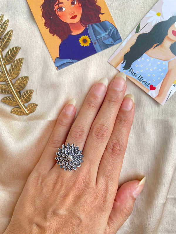 German Silver Oxidised Boho Ring 36 - Desi Closet