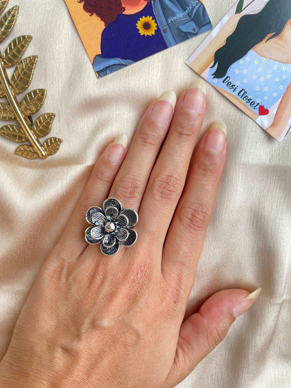 German Silver Oxidised Boho Ring 34 - Desi Closet