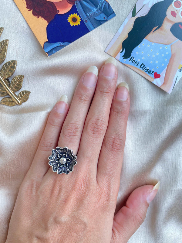 German Silver Oxidised Boho Ring 32 - Desi Closet