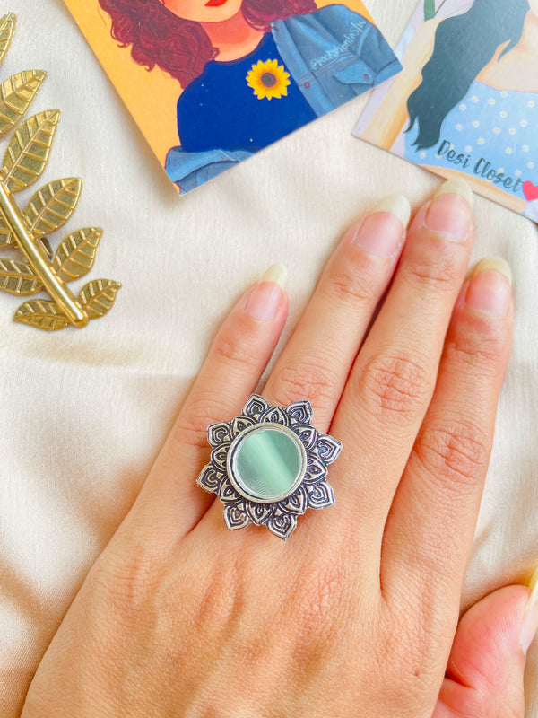 German Silver Oxidised Boho Ring 18 - Desi Closet