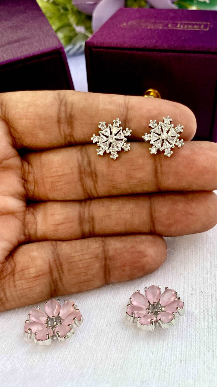 AD Dual Pattern Pink Floral Snowflake Studs - Desi Closet